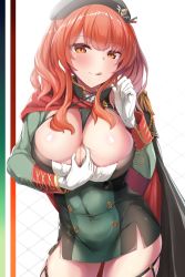 Rule 34 | 1girl, azur lane, beret, black cape, black dress, black hat, blush, breasts, brown eyes, cape, cleavage, closed mouth, covered navel, cowboy shot, dress, epaulettes, foreshortening, gloves, gradient background, green dress, hair intakes, hands up, hat, hayami yoichi, highres, italian flag, large breasts, licking lips, long hair, long sleeves, looking at viewer, military, military uniform, multicolored background, naughty face, paizuri invitation, pulling own clothes, red cape, red hair, shiny skin, sidelocks, smile, solo, spread cleavage, strap pull, thighs, tongue, tongue out, twintails, two-tone cape, two-tone dress, uniform, white background, white gloves, zara (azur lane)