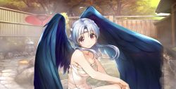 Rule 34 | 1girl, amazuyu tatsuki, aquaplus, bare arms, bare legs, bare shoulders, black wings, branch, breasts, breasts squeezed together, cleavage, closed mouth, collarbone, cowboy shot, feathered wings, fence, from side, gradient eyes, gradient hair, hair between eyes, headband, highres, large breasts, large wings, leaf, long hair, looking at viewer, multicolored eyes, multicolored hair, mutsumi (utawarerumono), official art, onsen, outdoors, raised eyebrows, red eyes, red umbrella, rock, sideboob, sidelocks, silver hair, smile, solo, steam, thighs, towel, tree, umbrella, utawarerumono, utawarerumono: lost flag, water, wings
