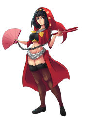 Rule 34 | 1girl, amagi yukiko, black hair, breasts, chain, dual wielding, folding fan, frilled thighhighs, frills, fusion, greenmarine, hand fan, hat, hexafusion, holding, hood, houndstooth, megami tensei, midriff, navel, odin sphere, persona, persona 4, purple eyes, red hat, red hood, see-through, see-through legwear, shin megami tensei, showgirl skirt, solo, thighhighs, velvet (odin sphere), weapon