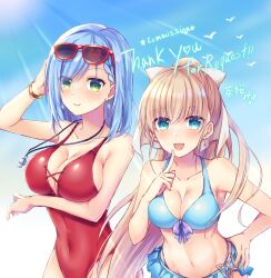 Rule 34 | 2girls, :d, absurdres, arm up, bare arms, bikini, bikini skirt, blonde hair, blue bikini, blue eyes, blue hair, bow, bracelet, braid, breast press, breasts, casual one-piece swimsuit, cleavage, closed mouth, collarbone, commission, earrings, eyewear on head, floating hair, green eyes, groin, hair between eyes, hair bow, hand in own hair, highres, jewelry, large breasts, long hair, looking at viewer, medium breasts, multiple girls, navel, nishijou myu, one-piece swimsuit, open mouth, original, ponytail, red-framed eyewear, red one-piece swimsuit, sideboob, single braid, skeb commission, smile, sunglasses, sunlight, swimsuit, very long hair, whistle, white bow
