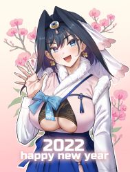 1girl 2022 :d banned_artist black_hair blue_bow blue_eyes blue_skirt bow breast_curtains breasts cherry_blossoms cleavage cleavage_cutout clothing_cutout commentary_request cowboy_shot earrings fangs floral_print frilled_skirt frills fur_trim hair_between_eyes hair_intakes hair_ornament hanbok hand_up happy_new_year hololive hololive_english jagaimo_(kkamja) jewelry korean_clothes large_breasts leaf long_sleeves looking_at_viewer multicolored_hair new_year open_mouth original ouro_kronii pink_background purple_hair sidelocks skirt smile solo streaked_hair tassel thick_eyebrows two-tone_hair underboob underboob_cutout virtual_youtuber