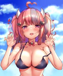 Rule 34 | 1girl, ahoge, bare shoulders, bell, bikini, black bikini, blush, bow, breasts, choker, claw pose, cleavage, cloud, collarbone, commentary, day, hair in own mouth, hair ornament, hands up, heart, heart ahoge, heart hair ornament, horns, ironmouse, kaptivate, large breasts, long hair, looking at viewer, multicolored hair, open mouth, outdoors, pink hair, red bow, smile, solo, strap slip, swimsuit, teeth, two side up, upper body, upper teeth only, virtual youtuber, vshojo