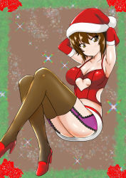 Rule 34 | 10s, 1girl, alternate costume, armpits, arms behind head, ass, bad id, bad pixiv id, black thighhighs, blush, breasts, brown hair, christmas, cleavage, clothing cutout, collarbone, girls und panzer, hat, heart cutout, high heels, highres, kasegawa1919, large breasts, looking to the side, navel, nishizumi maho, santa hat, short hair, smile, solo, thighhighs, yellow eyes