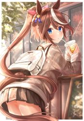 Rule 34 | 1girl, absurdres, animal ears, backpack, bag, blue eyes, brown hair, cowboy shot, cup, drinking straw, drinking straw in mouth, from behind, hair between eyes, highres, holding, holding cup, horse ears, horse girl, horse tail, leaning forward, long hair, long sleeves, looking at viewer, looking back, multicolored hair, pleated skirt, skirt, sky cappuccino, solo, streaked hair, tail, tokai teio (umamusume), umamusume, very long hair, white hair