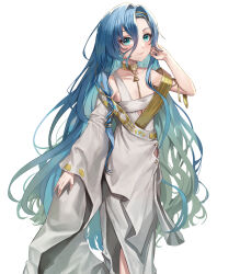 Rule 34 | 1girl, 37 (reverse:1999), absurdres, adjusting hair, ancient greek clothes, bare shoulders, blue eyes, blue hair, closed mouth, collarbone, feet out of frame, flat chest, gold choker, greco-roman clothes, hair between eyes, hand in own hair, hand up, highres, kibellin, long hair, looking at viewer, reverse:1999, single sleeve, smile, solo, standing, very long hair, white background, wide sleeves
