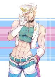 Rule 34 | 1boy, abs, alternate costume, bad id, bad pixiv id, blonde hair, blouse, blowing bubbles, blue shirt, bubble, caesar anthonio zeppeli, fabulous, facial mark, feather hair ornament, feathers, green eyes, hair ornament, hand in pocket, hat, hosho, hydrokinesis, jojo no kimyou na bouken, male focus, midriff, muscular, one eye covered, pants, ribbon, shirt, sleeveless, sleeveless shirt, solo, striped clothes, striped pants, vest, water, white hat