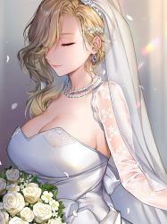 Rule 34 | 1girl, azur lane, blonde hair, blue gemstone, blush, bouquet, breasts, bridal veil, cleavage, closed eyes, closed mouth, detached sleeves, dress, earrings, flower, gem, gloves, hair ornament, hair over shoulder, holding, holding bouquet, hood (azur lane), hood (rosey love poem) (azur lane), jewelry, kaguyuzu, large breasts, light particles, long hair, necklace, pearl necklace, smile, solo, strapless, strapless dress, veil, wedding dress, white dress
