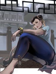 Rule 34 | 1girl, architecture, capcom, chun-li, east asian architecture, hair bun, highres, long hair, looking at viewer, meke (77842928), moon, muscular, muscular female, night, pants, short sleeves, single hair bun, sitting, street fighter, street fighter 6, tight clothes, tight pants