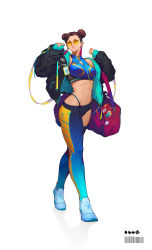 Rule 34 | 1girl, abs, adapted costume, asymmetrical legwear, bag, baggy clothes, blue sports bra, breasts, brown hair, cable, capcom, chun-li, clothes writing, double bun, duffel bag, earbuds, earphones, earrings, full body, hair bun, highleg, highleg panties, highres, hood, hooded jacket, jacket, jewelry, large breasts, looking at viewer, lowleg, lowleg pants, midriff, multicolored clothes, multicolored jacket, muscular, muscular female, name tag, open clothes, open jacket, panties, pants, round eyewear, shoes, short hair, single thighhigh, sleeveless, sneakers, solo, sports bra, street fighter, street fighter zero (series), sunglasses, thighhighs, thong, tinted eyewear, underwear, uneven legwear, whale tail (clothing), white background, xin wang, yellow-tinted eyewear, yellow-tinted glasses