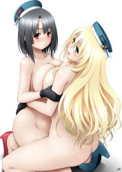 Rule 34 | 10s, 2girls, absurdres, ass, atago (kancolle), beret, black gloves, black hair, blonde hair, blue eyes, blush, breast press, breasts, female focus, gloves, hat, high heels, highres, kantai collection, kneeling, large breasts, long hair, looking at viewer, multiple girls, nude, red eyes, shoes, short hair, simple background, symmetrical docking, takao (kancolle), white background, yama-michi, yuri