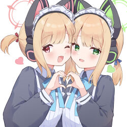 Rule 34 | 2girls, ;d, animal ear headphones, animal ears, blonde hair, blue archive, blush, cat ear headphones, fake animal ears, green eyes, halo, headphones, heart, heart hands, heart hands duo, highres, long sleeves, looking at viewer, maid, maid headdress, midori (blue archive), midori (maid) (blue archive), mola mola, momoi (blue archive), multiple girls, official alternate costume, one eye closed, open mouth, red eyes, short hair, siblings, simple background, sisters, smile, twins, white background