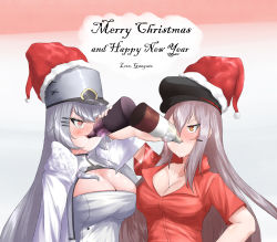 Rule 34 | 2girls, absurdres, alcohol, azur lane, blush, bottle, breasts, character name, christmas, cleavage, commentary, crossover, drinking, english commentary, english text, gangut (azur lane), gangut (kancolle), hat, highres, historical name connection, kantai collection, large breasts, long hair, long sleeves, multiple girls, name connection, peaked cap, red eyes, red shirt, santa hat, shirt, short sleeves, sidoaldo, silver hair