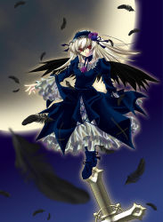 Rule 34 | 00s, 1girl, black dress, black wings, collarbone, cross, detached collar, dress, dutch angle, feathers, flower, frilled sleeves, frills, full moon, hairband, lolita hairband, long sleeves, looking at viewer, moon, night, parted lips, red eyes, rose, rozen maiden, serious, silver hair, solo, standing, suigintou, wings
