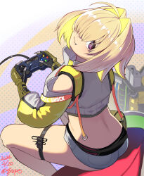 Rule 34 | 1girl, :3, ass, bfg 9000, black sports bra, blonde hair, breasts, butt crack, clothing cutout, controller, crop top, crop top overhang, cropped sweater, elegg (nikke), exposed pocket, fang, fanny pack, fingerless gloves, game controller, gloves, goddess of victory: nikke, grey shorts, hair intakes, hair over eyes, highres, holding, holding controller, holding game controller, large breasts, looking back, multicolored clothes, multicolored gloves, multicolored hair, playing games, polka dot, polka dot background, projected inset, purple eyes, shorts, shoulder cutout, sitting, solo, sports bra, suspender shorts, suspenders, syope, thigh strap, two-tone hair