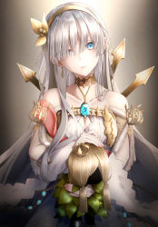 Rule 34 | 1girl, anastasia (fate), bare shoulders, blue eyes, blunt bangs, breasts, brown hairband, cape, cleavage, collarbone, commentary, crown, detached sleeves, doll, dress, ear piercing, fate/grand order, fate (series), fingernails, fur trim, gem, gold trim, gradient background, hair over one eye, hairband, highres, holding, holding doll, jewelry, long hair, looking at viewer, medium breasts, mini crown, nail polish, neck ring, necklace, oriuo q, parted lips, pendant, piercing, pink nails, silver hair, solo, strapless, strapless dress, teeth, very long hair, viy (fate), white cape, white dress, wide sleeves