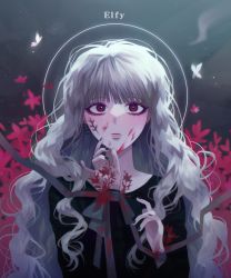 Rule 34 | 1girl, bad id, bad pixiv id, black nails, blood, blood on clothes, blood on face, blunt bangs, bug, butterfly, closed mouth, commentary request, finger to mouth, flower, highres, insect, korean commentary, long hair, long sleeves, looking at viewer, nail polish, original, solo, upper body, wavy hair, wonchul