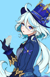 Rule 34 | 1girl, ahoge, bessu216, blue background, blue eyes, blue gloves, blue hair, blue hat, blue jacket, cake, commentary, food, furina (genshin impact), genshin impact, gloves, hair between eyes, hat, highres, jacket, long hair, long sleeves, looking at viewer, multicolored hair, parted lips, simple background, solo, streaked hair, top hat, upper body, very long hair