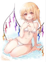 Rule 34 | absurdres, bare arms, bare legs, bare shoulders, barefoot, bikini, blonde hair, bra, breasts, crystal, eyes visible through hair, flandre scarlet, hair between eyes, haruki (colorful macaron), highres, jewelry, multicolored wings, no headwear, one side up, open mouth, panties, red eyes, seiza, short hair, simple background, sitting, small breasts, smile, solo, swimsuit, touhou, underwear, white background, white bikini, white bra, white panties, wings