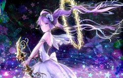 Rule 34 | 1girl, arrow (projectile), black hairband, bow, bow (weapon), dress, euryale (fate), euryale (third ascension) (fate), fate/hollow ataraxia, fate (series), floating hair, flower, from side, hair flower, hair ornament, hairband, holding, holding arrow, holding bow (weapon), holding weapon, jewelry, lolita hairband, long hair, looking at viewer, masukudo (hamamoto hikaru), open mouth, purple eyes, purple hair, sleeveless, sleeveless dress, solo, standing, star (symbol), twintails, very long hair, weapon, white bow, white flower