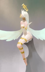 Rule 34 | 1girl, absurdres, amputee, armlet, bare shoulders, barefoot, bound, bound legs, breasts, cleavage, copyright request, covered eyes, double amputee, facing up, full body, gagged, gorget, halo, head wings, highres, leotard, long hair, midfinger, multiple wings, plantar flexion, simple background, solo, spikes, strapless, strapless leotard, very long hair, white hair, white legwear, white leotard, white wings, wings