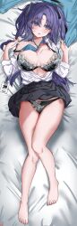 Rule 34 | 1girl, absurdres, barefoot, bed sheet, black bra, black halo, black panties, black skirt, blue archive, blue eyes, blue hair, blue necktie, bra, breasts, buttons, clothes lift, commentary, dakimakura (medium), double-breasted, english commentary, full body, halo, highres, large breasts, long hair, long sleeves, looking to the side, lying, mechanical halo, necktie, on back, on bed, open clothes, open shirt, panties, parted bangs, pleated skirt, shirt, single bare shoulder, skirt, skirt lift, solo, triangle hair ornament, two side up, underwear, vayneeeee, white shirt, yuuka (blue archive)