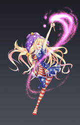 Rule 34 | 1girl, american flag dress, american flag legwear, antenna hair, arm up, bell, black background, blonde hair, breast expansion, clownpiece, dress, evil smile, fang, floating hair, full body, glowing, glowing eyes, gradient background, grey background, hair between eyes, hat, highres, holding, jester cap, large hat, long hair, one eye closed, open mouth, outstretched arm, pantyhose, pink eyes, ringed eyes, short dress, short sleeves, smile, solo, standing, standing on one leg, torch, touhou, tsurime, z.o.b