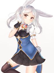 Rule 34 | 1girl, animal ears, artist name, black skirt, black thighhighs, blush, braid, breasts, brown eyes, cleavage, fake animal ears, fire emblem, flower, gloves, hair flower, hair ornament, hand up, highres, hyan rei, long hair, looking at viewer, medium breasts, nintendo, rabbit ears, robin (female) (fire emblem), robin (fire emblem), short sleeves, silver hair, skirt, smile, solo, standing, thighhighs, white background, white gloves, wrist cuffs