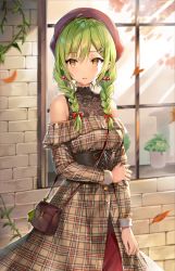 Rule 34 | 1girl, ahoge, autumn leaves, bag, bare shoulders, beret, blush, bow, braid, breasts, brick wall, brown eyes, buttons, commentary request, corset, dress, earrings, green hair, hair between eyes, hair bow, hair ornament, hairclip, handbag, hat, highres, holding own arm, jewelry, long hair, looking at viewer, medium breasts, momoko (momopoco), off shoulder, open mouth, original, outdoors, plaid, shoulder bag, solo, standing, twin braids, window