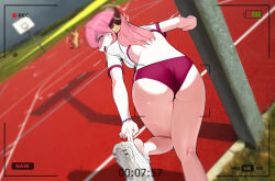Rule 34 | 1girl, ^^^, absurdres, adjusting clothes, adjusting shoe, aru (blue archive), ass, battery indicator, bent over, blue archive, blush, buruma, crop top, from behind, gym uniform, highres, horns, long hair, looking at viewer, looking back, mr tangsuyuk, open mouth, outdoors, photo background, pink hair, recording, shoes, simple background, sneakers, solo, standing, standing on one leg, surprised, thighs, viewfinder, white background, white footwear, yellow eyes