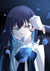 Rule 34 | 1girl, ado (utaite), black hair, black jacket, blue eyes, blue flower, blue hair, blue rose, chando (ado), cloud nine inc, collared shirt, colored inner hair, commentary request, dress shirt, falling petals, flower, flower brooch, gloves, highres, inu draw, jacket, long hair, long sleeves, looking at viewer, mole, mole under eye, multicolored hair, parted lips, petals, rose, shirt, solo, two-tone hair, upper body, utaite, white gloves, white shirt