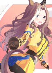 Rule 34 | 1girl, animal ears, bike shorts, black shorts, blue eyes, blush, breasts, brown gloves, brown hair, commentary request, cropped jacket, daring heart (umamusume), forehead, from side, gloves, highres, horse ears, horse girl, horse tail, jacket, long hair, long sleeves, looking at viewer, looking to the side, medium breasts, multicolored hair, open clothes, open jacket, open mouth, pleated skirt, roido (taniko-t-1218), shirt, shorts, shorts under skirt, skirt, sleeves past wrists, solo, tail, two-tone hair, umamusume, very long hair, white hair, wide sleeves, yellow jacket, yellow shirt, yellow skirt