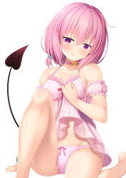 Rule 34 | 1girl, 7fuji 06, :q, absurdres, arm behind back, ass, bare legs, bare shoulders, blush, breasts, choker, cleavage, clothes lift, demon tail, groin, hair between eyes, hair bobbles, hair ornament, hand up, highres, knee up, lifted by self, lingerie, looking at viewer, medium breasts, medium hair, midriff, momo velia deviluke, naughty face, negligee, panties, pink eyes, pink hair, pink negligee, pink panties, shirt lift, simple background, smile, solo, spaghetti strap, tail, thighs, to love-ru, tongue, tongue out, underwear, underwear only, white background