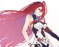 Rule 34 | 1girl, ahoge, belt, black gloves, black sleeves, dress, elizabeth rose bloodflame, fire, gloves, hand on own hip, hololive, hololive english, long hair, looking at viewer, red eyes, red hair, single sleeve, smile, solo, very long hair, virtual youtuber, white background, white belt, white dress, y0ake