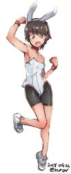 Rule 34 | 1girl, abaratani kurou, animal ears, bare shoulders, bike shorts, black shorts, breasts, brown eyes, brown hair, choker, cleavage, clenched hands, commentary request, dated, fake animal ears, fake tail, full body, girls und panzer, highres, isobe noriko, leg up, leotard, looking at viewer, looking back, no legwear, open mouth, playboy bunny, rabbit ears, rabbit tail, raised fist, red choker, shoes, short hair, shorts, simple background, sketch, small breasts, smile, sneakers, solo, standing, standing on one leg, strapless, strapless leotard, tail, traditional media, twitter username, v-shaped eyebrows, white background, white footwear, white leotard, wristband