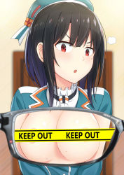Rule 34 | &gt;:o, 10s, 1girl, :o, areola slip, black hair, blunt bangs, blurry, blurry background, blush, breasts, caution tape, censored, commentary request, door, hat, kanden sky, kantai collection, keep out, large breasts, mole, mole under eye, open mouth, red eyes, short hair, short hair with long locks, solo, sweat, sweatdrop, takao (kancolle), v-shaped eyebrows, x-ray, x-ray glasses, x-ray vision