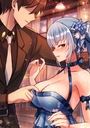 Rule 34 | 1boy, 1girl, absurdres, blue dress, blue eyes, blue hair, blush, breasts, brown eyes, brown hair, cleavage, clothes pull, commander (nikke), dress, dress pull, embarrassed, faceless, faceless male, formal, goddess of victory: nikke, highres, indoors, jimpu6, large breasts, long sleeves, looking to the side, military uniform, necktie, open mouth, privaty (banquet princess) (nikke), privaty (nikke), short hair, sidelocks, suit, sweatdrop, uniform, white necktie