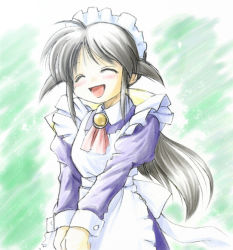 Rule 34 | 1girl, andou mahoro, apron, blush, bow, closed eyes, grey hair, own hands clasped, happy, mahoromatic, maid, maid apron, maid headdress, open mouth, own hands together, smile, solo, v arms