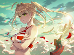 Rule 34 | 1girl, aestus estus, ahoge, bad id, bad pixiv id, bare arms, bare shoulders, bikini, blonde hair, bracelet, breasts, closed mouth, cloud, cloudy sky, collarbone, criss-cross halter, crossed arms, day, earrings, fate/grand order, fate (series), fingernails, floating hair, from side, gradient sky, green eyes, green sky, hair between eyes, hair intakes, halterneck, jewelry, kusano shinta, large breasts, lens flare, long hair, looking at viewer, motion blur, nero claudius (fate), nero claudius (fate) (all), nero claudius (swimsuit caster) (fate), petals, planted, planted sword, planted weapon, red bikini, rose petals, shade, sideways glance, sky, smirk, solo, standing, striped bikini, striped clothes, sun, sunlight, swimsuit, sword, upper body, v-shaped eyebrows, weapon, wind