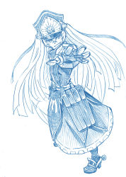 Rule 34 | 10s, 1girl, altair (re:creators), bbb (friskuser), blue theme, boots, commentary request, foreshortening, gloves, greyscale, grin, hair between eyes, hat, highres, long coat, long hair, long sleeves, looking at viewer, ammunition pouch, monochrome, open mouth, outstretched arm, re:creators, skirt, smile, solo, spurs