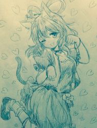 Rule 34 | 1girl, ;d, animal ears, bell, blush, bracelet, breasts, cat ears, cat tail, choker, cleavage, collarbone, commentary request, cowboy shot, efukei, flower, hair rings, hand up, heart, highres, jewelry, kaku seiga, kemonomimi mode, loafers, looking at viewer, monochrome, neck bell, one eye closed, open mouth, paw pose, puffy short sleeves, puffy sleeves, shoes, short sleeves, small breasts, smile, solo, tail, touhou, traditional media
