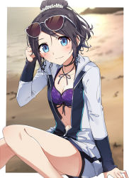 Rule 34 | 1girl, arm support, beach, bikini, bikini under clothes, black hair, blue eyes, blurry, blurry background, blush, breasts, cleavage, closed mouth, commentary request, depth of field, earrings, eyewear on head, flower, hair bun, hair flower, hair ornament, idolmaster, idolmaster shiny colors, jacket, jewelry, knees together feet apart, long sleeves, looking at viewer, mitsumine yuika, navel, ocean, open clothes, open jacket, purple bikini, single hair bun, sleeves past wrists, small breasts, smile, solo, star (symbol), star earrings, sunglasses, swept bangs, swimsuit, tsuezu, water, white-framed eyewear, white flower, white jacket