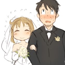 Rule 34 | 1boy, 1girl, ^ ^, arm hug, black hair, blush, bouquet, bow, bowtie, bridal veil, bride, brown hair, closed eyes, closed mouth, collarbone, commentary, commentary request, couple, dress, flower, flying sweatdrops, formal, hetero, highres, holding, holding bouquet, husband and wife, korean commentary, locked arms, looking up, nervous, nichijou, nose blush, open mouth, sakurai izumi, short hair, simple background, sketch, smile, sookmo, suit, sweat, nervous sweating, takasaki manabu, upper body, veil, wedding, wedding dress, white background