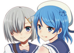 Rule 34 | 10s, 2girls, :p, ;), beret, blue hair, collarbone, grey hair, hair over one eye, hamakaze (kancolle), hat, kantai collection, looking at viewer, multiple girls, one eye closed, personification, portrait, puuton (pu ton), simple background, sleeves rolled up, smile, tongue, tongue out, urakaze (kancolle), white hat, wink