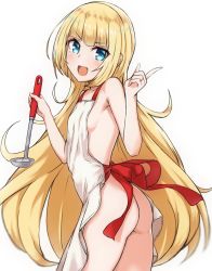 Rule 34 | 1girl, :d, apron, ass, bad id, bad pixiv id, blonde hair, blue eyes, blunt bangs, blush, breasts, commentary, english commentary, index finger raised, jewelry, ladle, long hair, looking at viewer, marie fou lafan, naked apron, open mouth, otome game sekai wa mob ni kibishii sekai desu, ring, rizkeith, sideboob, simple background, small breasts, smile, solo, very long hair, white apron, white background