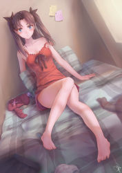 Rule 34 | 1girl, babydoll, barefoot, bed, blue eyes, blush, bra, brown hair, camisole, colored eyelashes, dutch angle, fate/stay night, fate (series), feet, hair ribbon, head tilt, highres, jay xu, legs, long hair, looking at viewer, md5 mismatch, nightgown, on bed, open mouth, red babydoll, ribbon, signature, sitting, skirt, solo, strap slip, tohsaka rin, triangle mouth, twintails, two side up, underwear, undressing