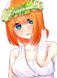 Rule 34 | 1girl, airo, arm at side, bare shoulders, blue eyes, blush, breasts, collarbone, commentary request, double-parted bangs, dress, eyelashes, floral print, flower, flower wreath, furrowed brow, go-toubun no hanayome, green flower, green rose, hair between eyes, tucking hair, hand up, happy, head wreath, highres, large breasts, leaf, lips, looking at viewer, medium hair, nakano yotsuba, nose blush, official alternate costume, official alternate hairstyle, open mouth, orange hair, partial commentary, rose, shy, smile, solo, sparkling eyes, straight hair, upper body, wedding dress, white dress