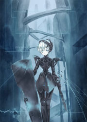 Rule 34 | 1girl, armor, blame!, expressionless, full armor, looking at viewer, original, shield, solo, sumi keiichi, sword, weapon, white eyes, white hair