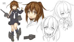 Rule 34 | 10s, 1girl, black legwear, brown eyes, brown hair, cannon, character name, chestnut mouth, crescent moon, expressions, fumizuki (kancolle), hayashi naoharu, kantai collection, loafers, long hair, looking at viewer, looking away, moon, multiple views, necktie, open mouth, ponytail, school uniform, serafuku, shoes, simple background, socks, tareme, torpedo, white background, white necktie
