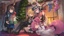 Rule 34 | 4girls, absurdres, amiya (arknights), animal ears, anklet, arknights, bare shoulders, black coat, black footwear, black skirt, blonde hair, blue choker, blue eyes, blue skirt, blush, box, brown hair, burnt clothes, candle, carpet, character name, choker, christmas, christmas stocking, christmas tree, closed eyes, clothes writing, clothing cutout, coat, company name, copyright name, dog ears, dog girl, dress, eihi, fire, fireplace, fox ears, fox girl, fox tail, frilled sleeves, frills, gift, gift box, gloves, goggles, goggles on head, hair ornament, highres, holding, holding gift, id card, infection monitor (arknights), jewelry, kneeling, loafers, long sleeves, lying, miniskirt, multiple girls, hugging object, official art, on floor, on side, oversized clothes, pantyhose, pillow, pillow hug, pleated skirt, pointy ears, ponytail, print legwear, purple dress, purple hair, rabbit ears, rabbit girl, sack, shoes, shoulder cutout, sidelocks, silver hair, sitting, skirt, skull print, sleeping, sleeping upright, sleeves past fingers, sleeves past wrists, snowflakes, socks, tail, thighhighs, twintails, white gloves, white legwear, window
