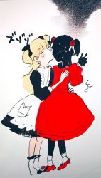 Rule 34 | 2girls, bad id, bad pixiv id, blonde hair, blush, boots, bow, dress, emilico (shadows house), epopipo, closed eyes, flower, hair bow, hair flower, hair ornament, highres, kate (shadows house), kiss, kissing cheek, long hair, maid, multiple girls, red dress, shadow people, shadows house, shoes, simple background, socks, soot, sound effects, sweat, torso grab, white background, yuri